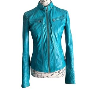 Danier Turquoise Teal Blue Leather Moto Jacket – Fitted Biker – Small